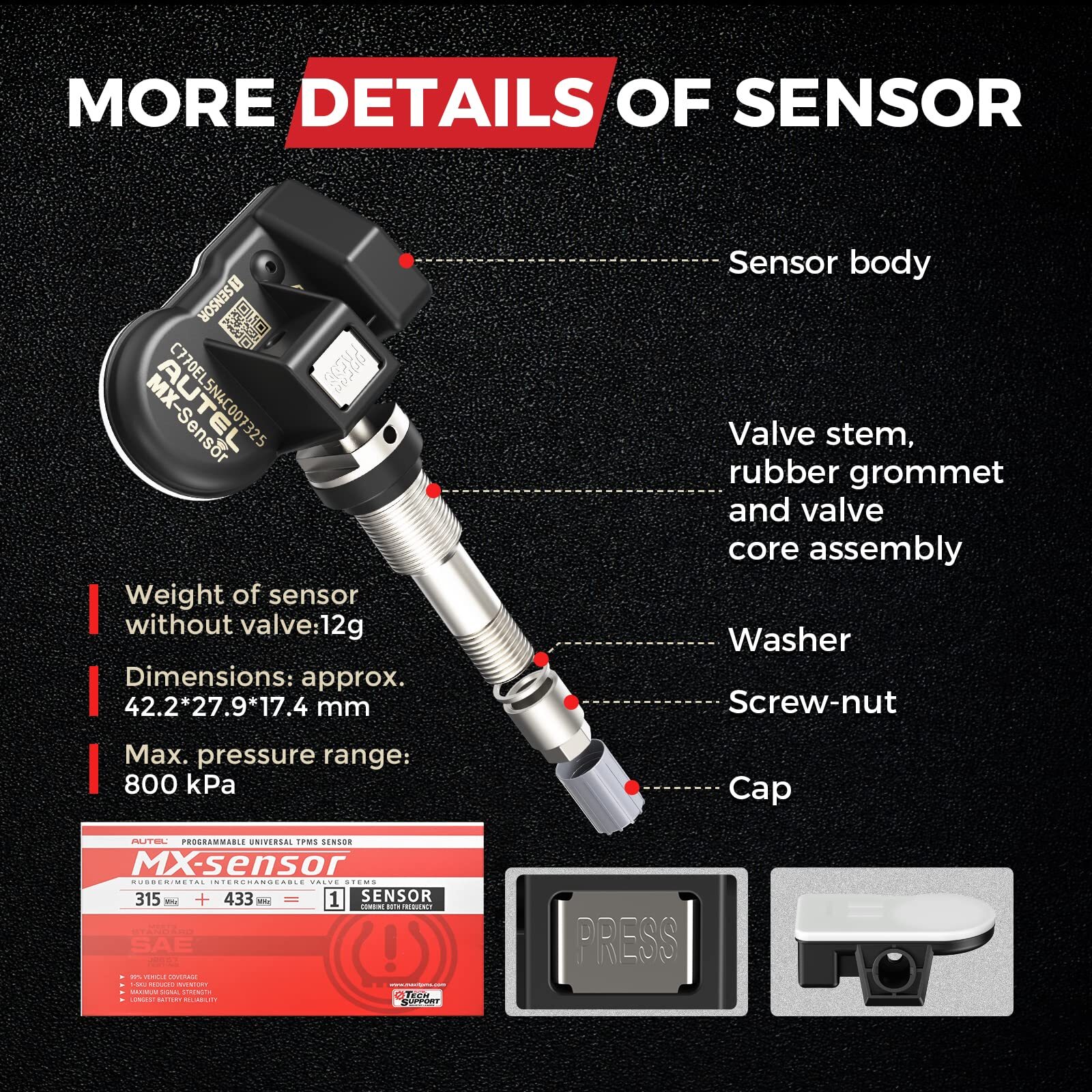 4PCS Autel TPMS MX-Sensor 315MHz & 433MHz Programmable Tire Pressure Universal
