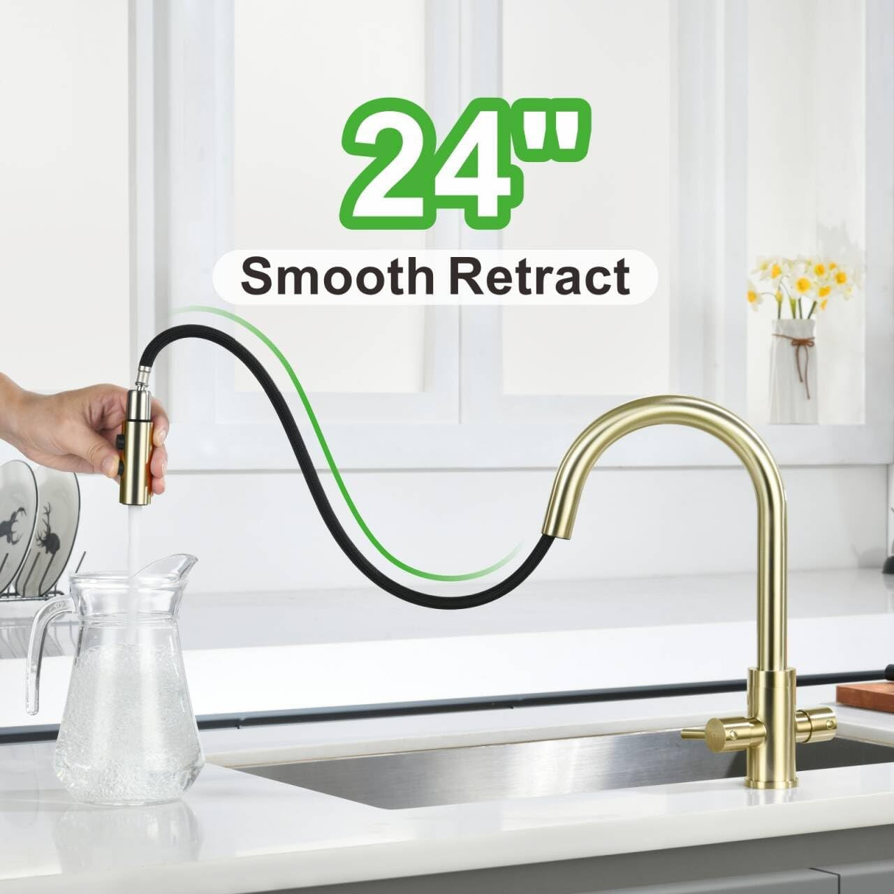 Kitchen Sink Faucet, 2 Handles Pull down with Sprayer, Brushed Gold, PB1056