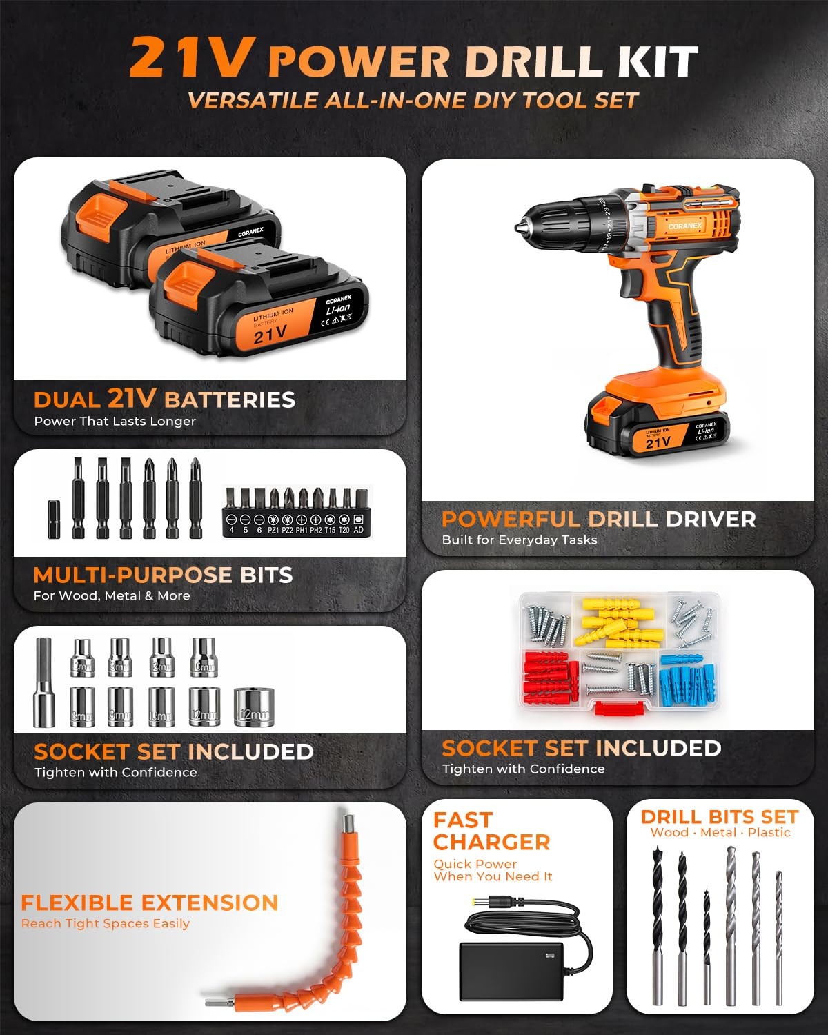 21V Cordless Drill Set with Case | Easy to Control & Lightweight | 2 Batteries