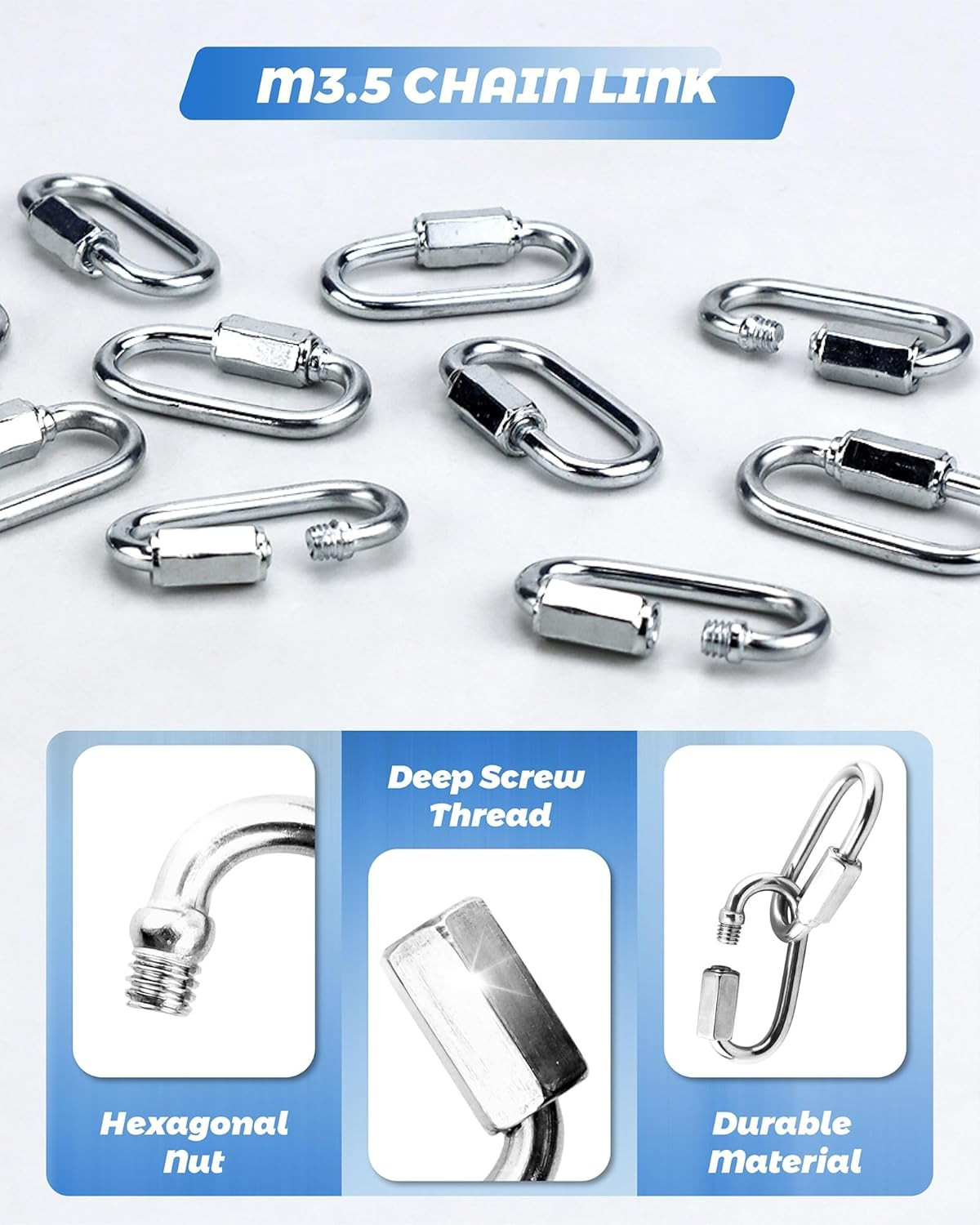 20 Pack Alloy M3.5 Chain Link, 1/8 Inch D Shape Locking Quick Chain Repair Links