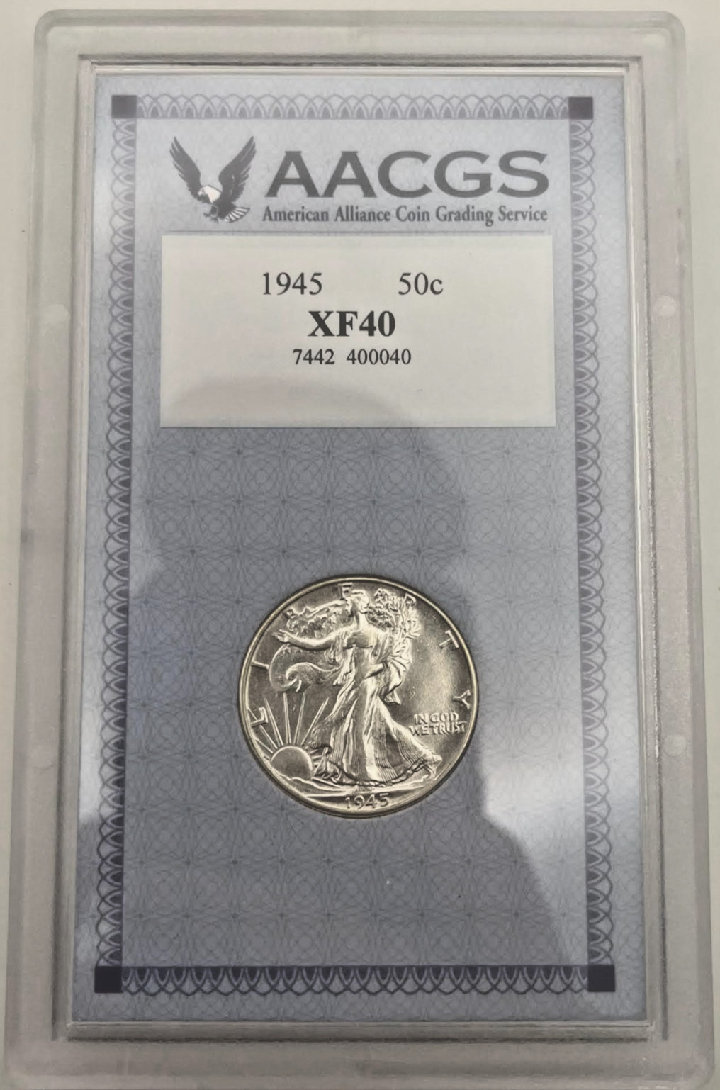 1945 Walking Liberty AACGS Graded XF40 50C Half Dollar Coin W/ Case