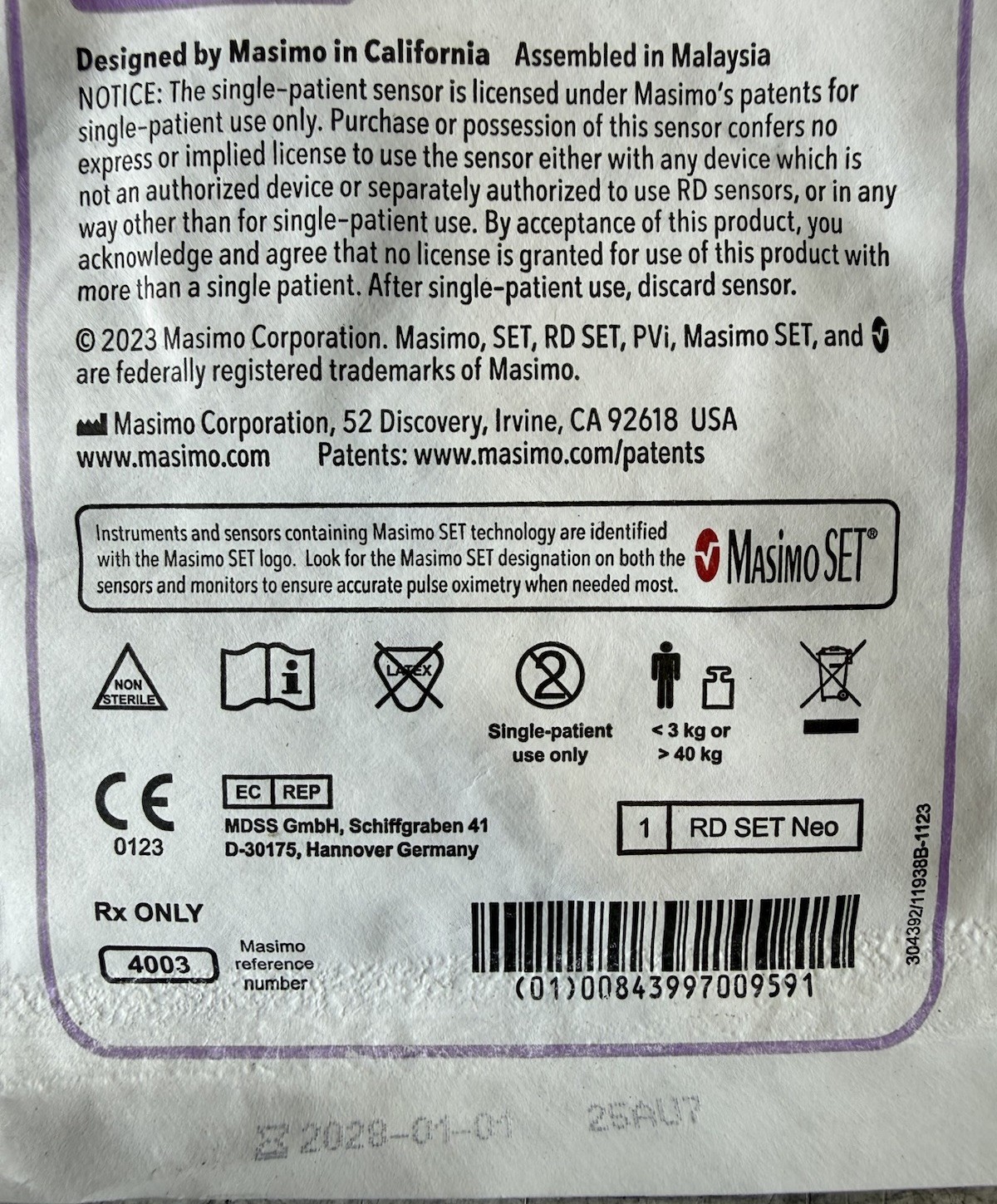 Masimo RD SET Neo Reference #: 4003 Expiration: 1/1/2028 Quantity:70