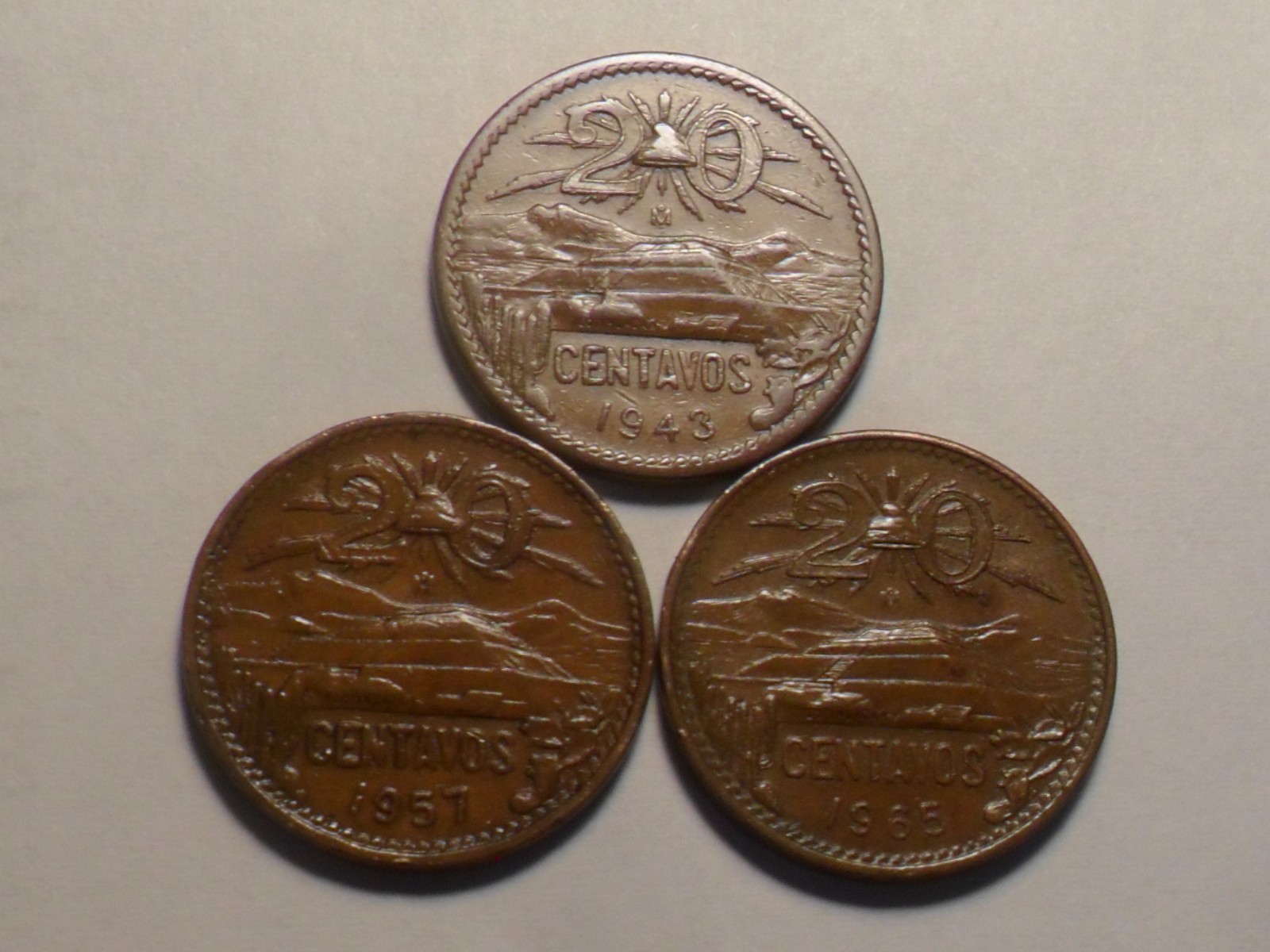 1943(Mo) 1957(Mo) 1965(Mo) NICE MEXICO BRONZE 20 CENTAVOS 3 PC/3 DECADE SET!