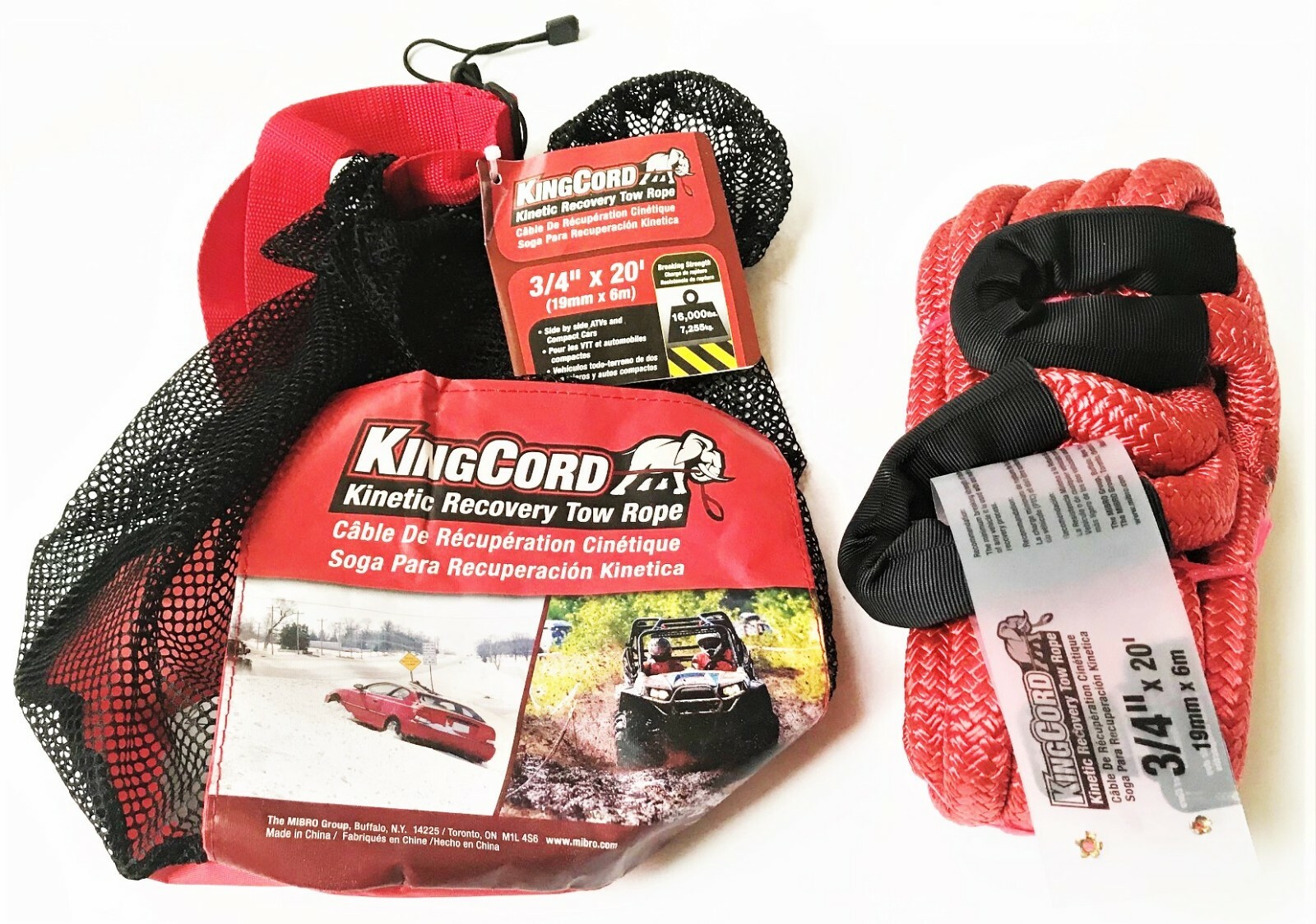 KINGCORD 3/4 X 20' KINETIC ENERGY ATV CAR RECOVERY TOW ROPE 16000LB STRAP SNATCH
