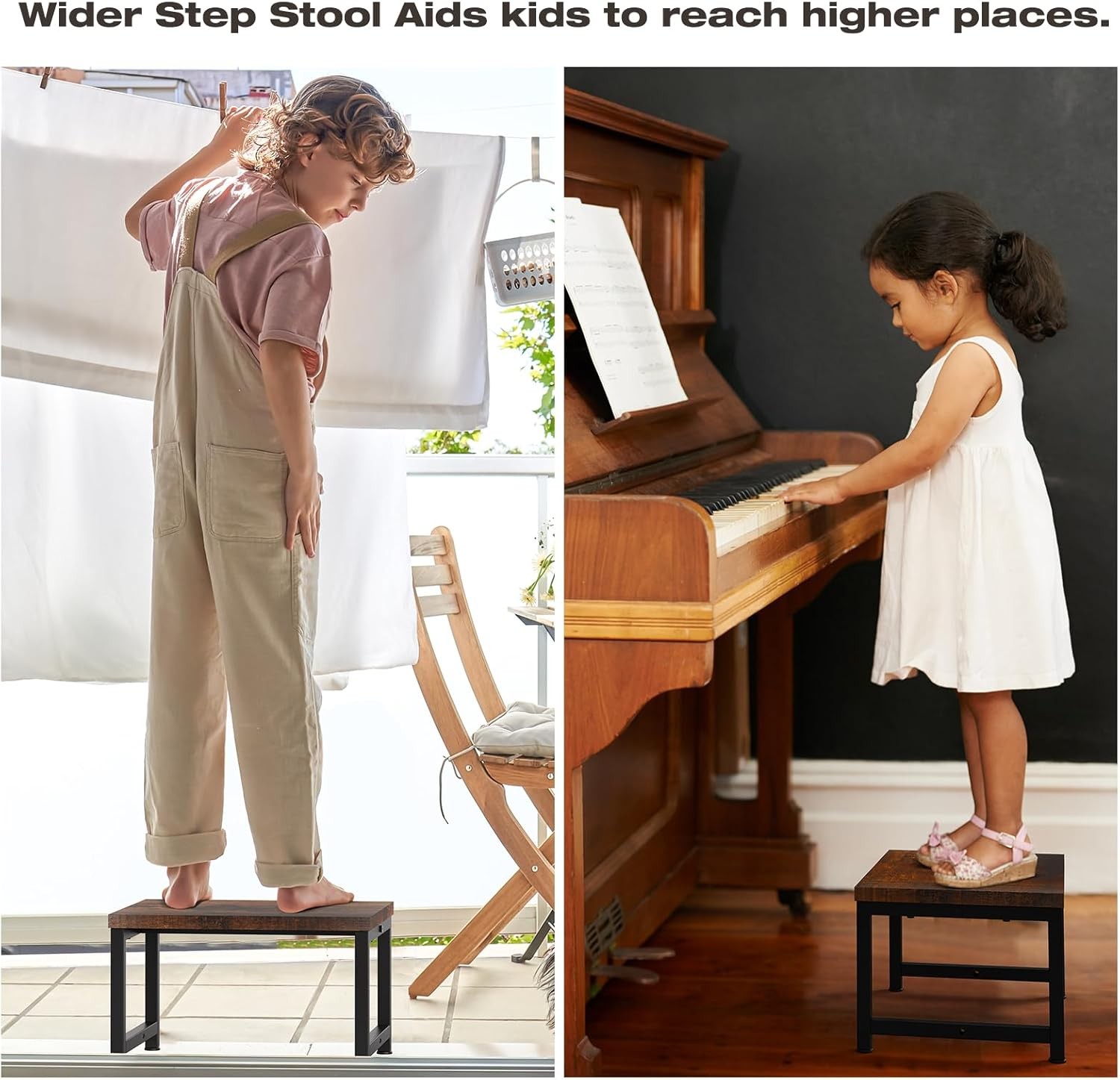 9" Wooden Step Stools Adults Kids,15.4" Extra Wide Heavy Duty Step Stool Holds