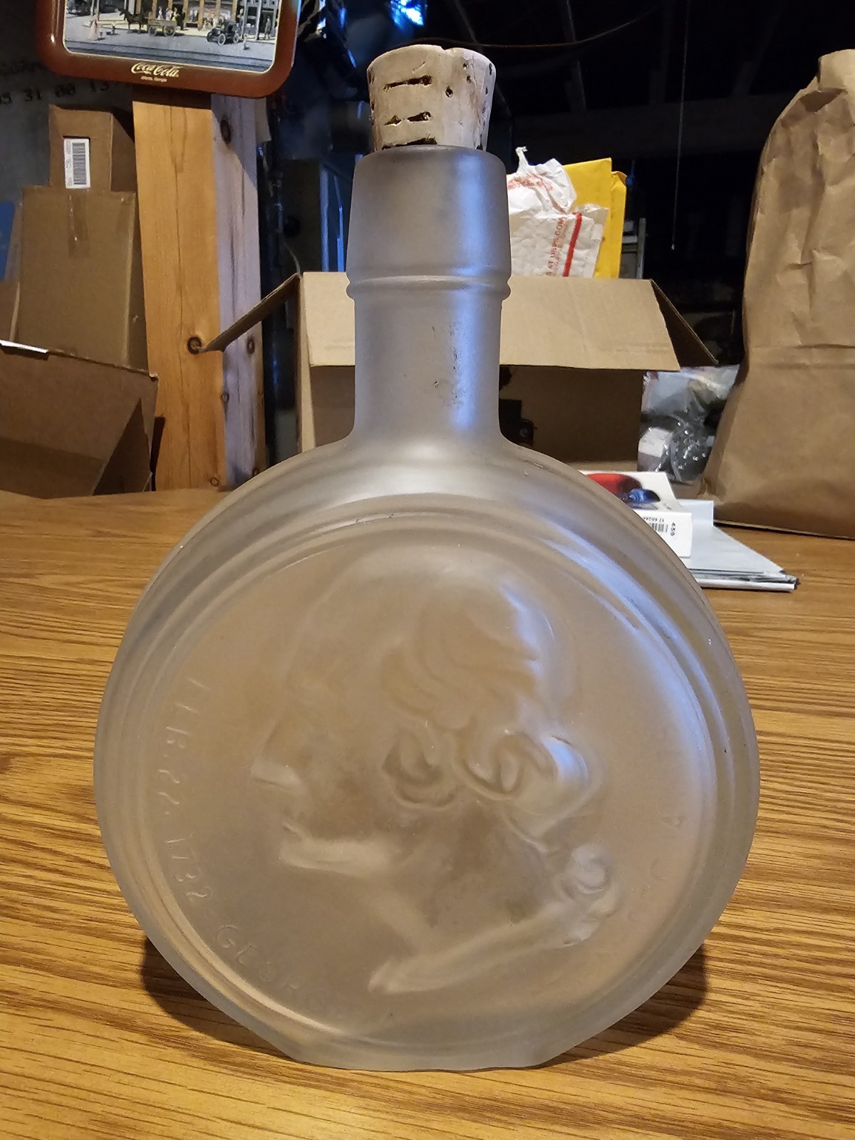 Vtg Embossed GEO WASHINGTON LIQUOR BOTTLE w Cork! -1st In War, 1st In Peace, Etc
