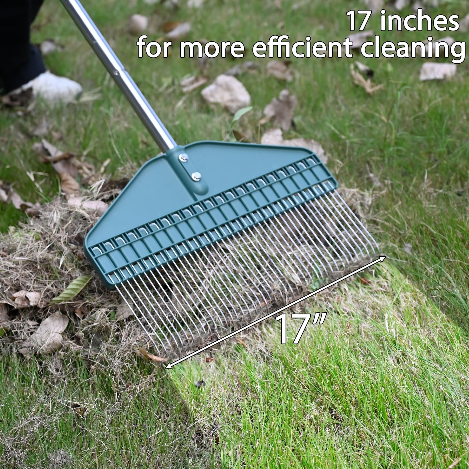 Adjustable Thatch Rake 66" Handle, 17" Durable Dethatcher for Lawn Care