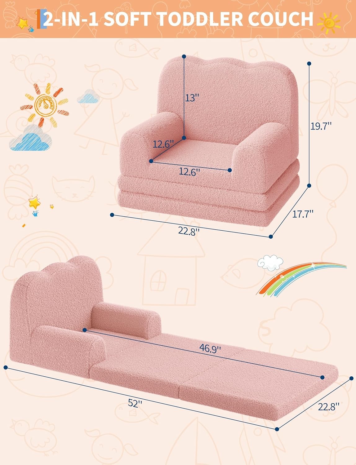 Kids Couch, Folding Sofa Bed, Kids Girls Chair, Fold Out Chair to Lounger Pink