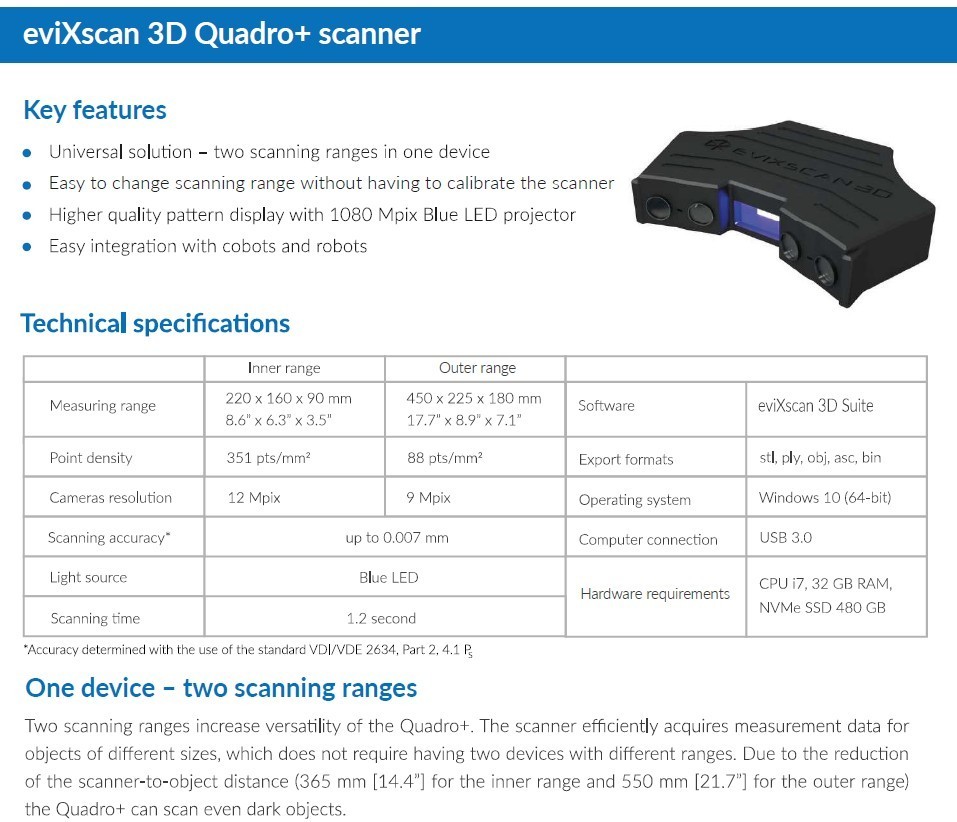 Evixscan Quadro + dual range 3D scanning system