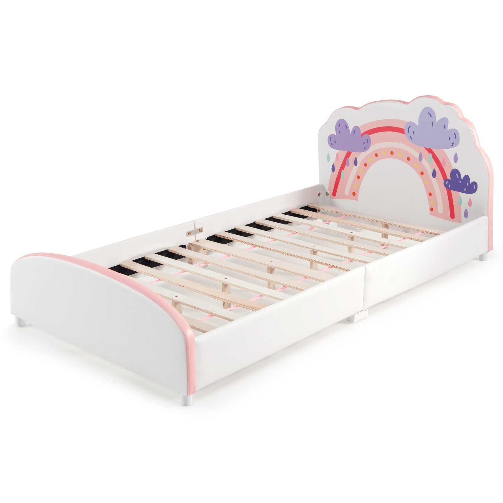 Children Twin Size Wooden Bed Kids Upholstered Platform Bed Rainbow Pattern