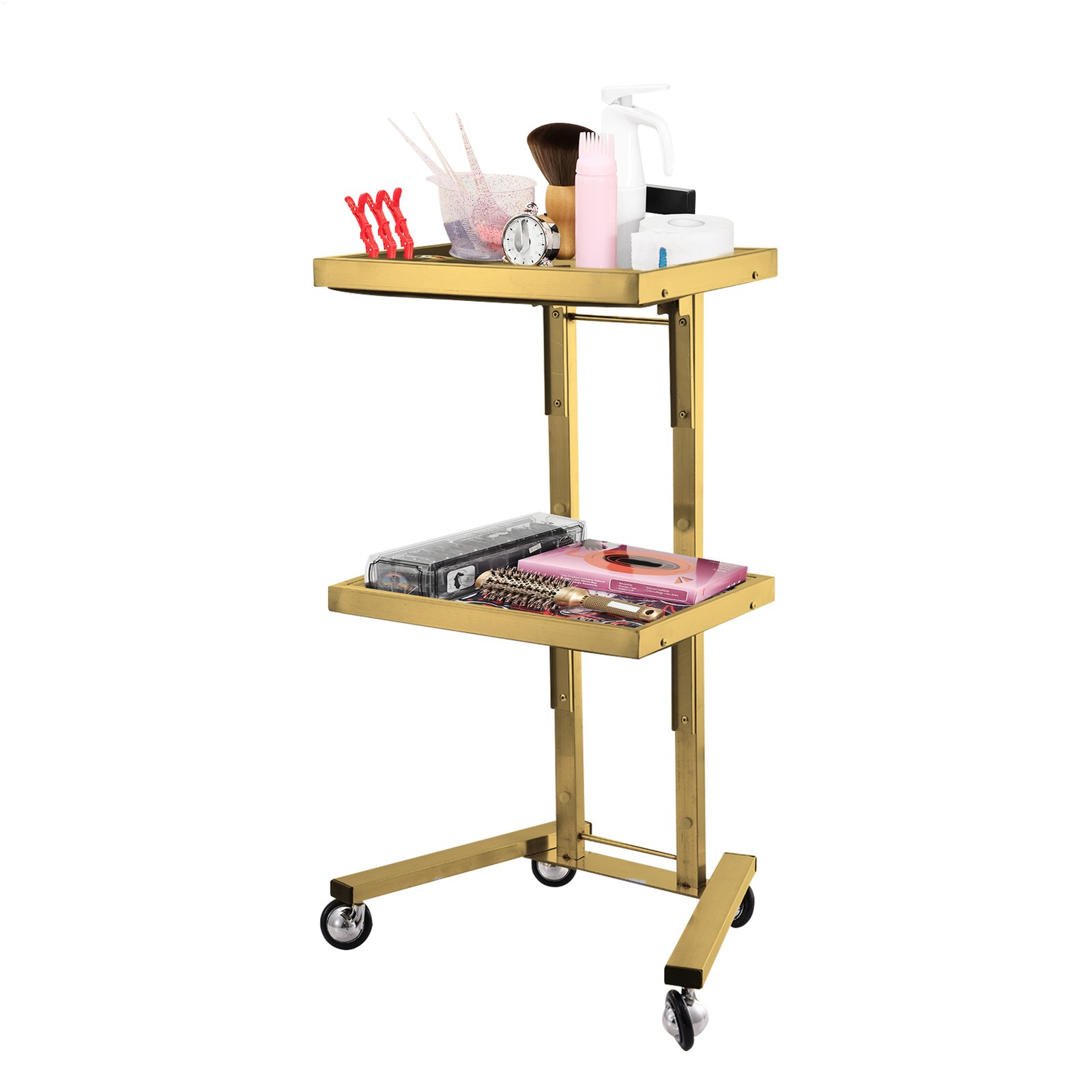 Salon Steel Trolley Instrument Tray with Accessory Caddy - Gold Utility Cart