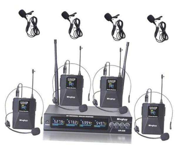 Wireless Microphones System with UHF Headset/Lavalier Lapel Mics, 4 Bodypack