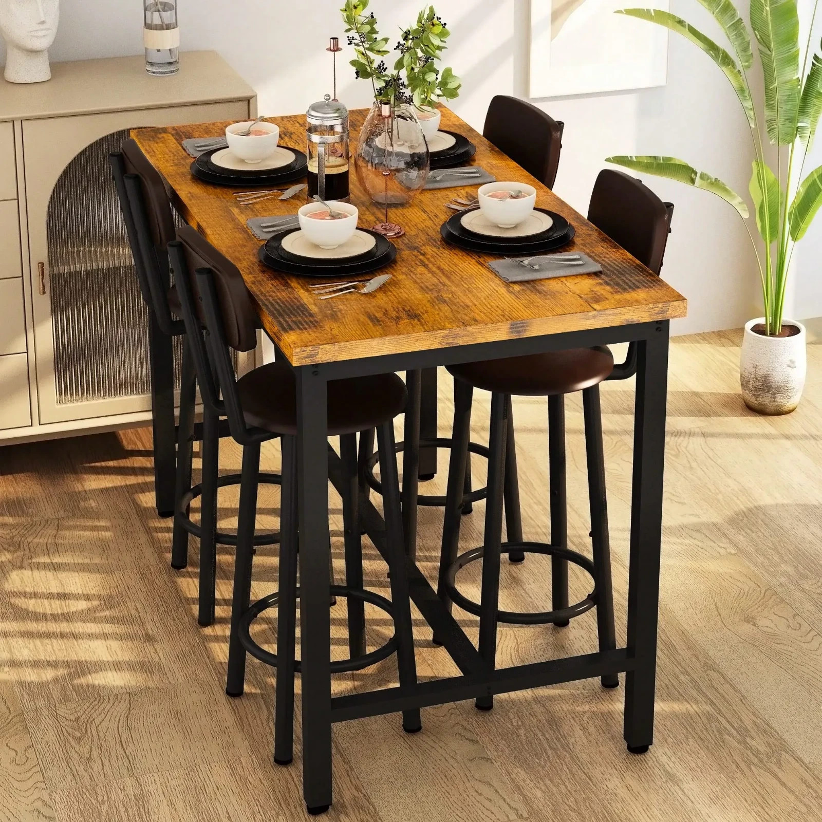 5Pcs Dining Table Set Imitation Marble Table With 4 PU Upholstered Stool & Chair