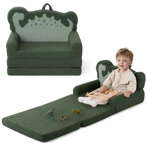 Kids Couch, 2-in-1 Soft Toddler Couch Fold Out, Toddler Dark Green Dinosaur