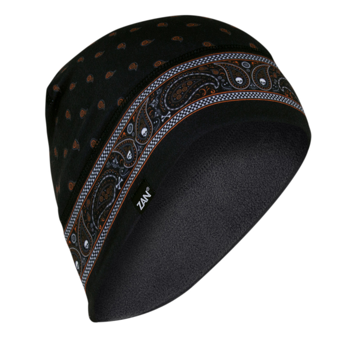 Zan® Helmet Liner/Beanie SportFlex® Series Fleece Lined Bandanna Black & Orange