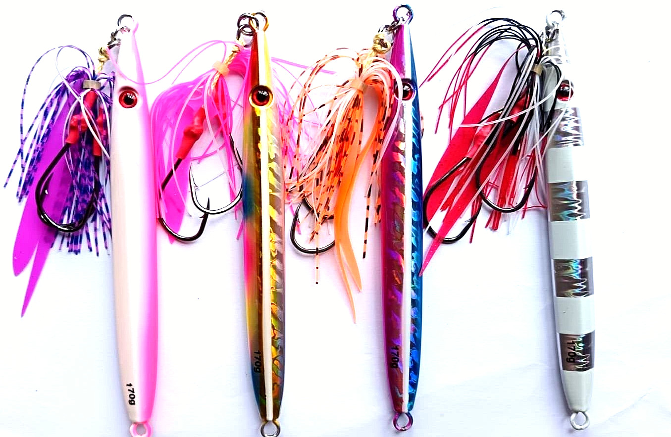 4 x Sea Fishing Holographic Luminous Slow Pitch Jigging Lure 170G +Jig Skirt 7/0