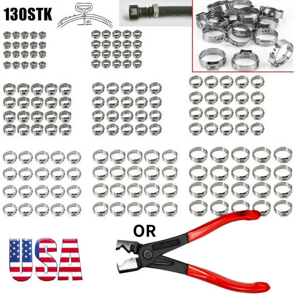 130X Assorted Hose Clamp Stainless Steel Ear Cinch Rings Crimp Pinch / Pliers