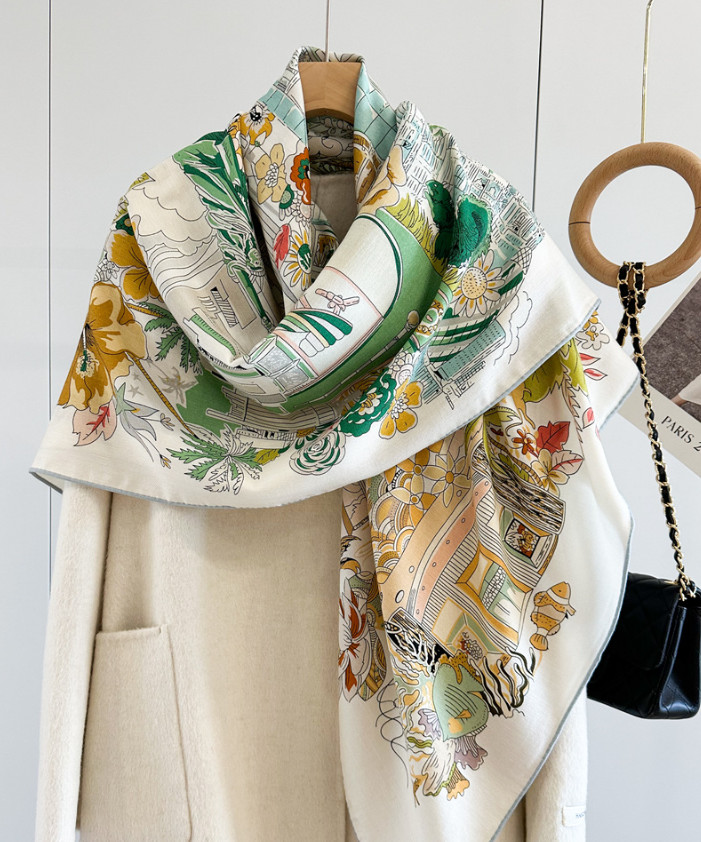 70% Cashmere 30% Silk Wrap Scarf Green garden Print Double Face Print Shawl 53''