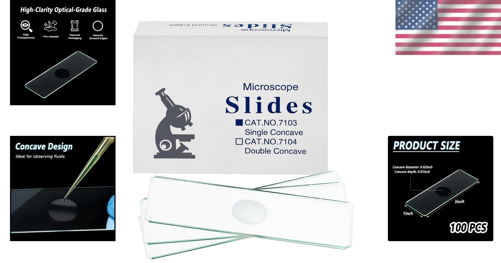 Single Depression Concave Microscope Slides, 100 Count – Ideal for Science Class