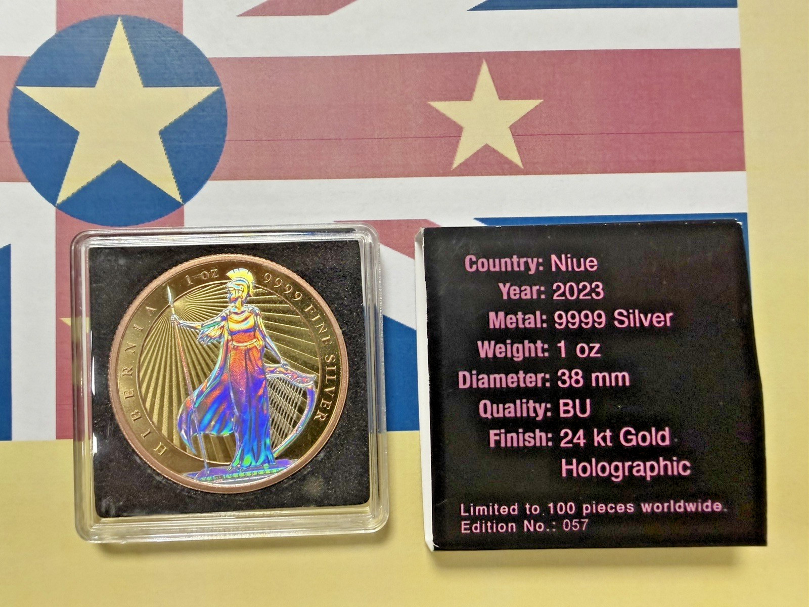 🔥🔥2023 Niue Hibernia Holographic 24k Gold Gilded 1 oz Silver Only 100 Mintage