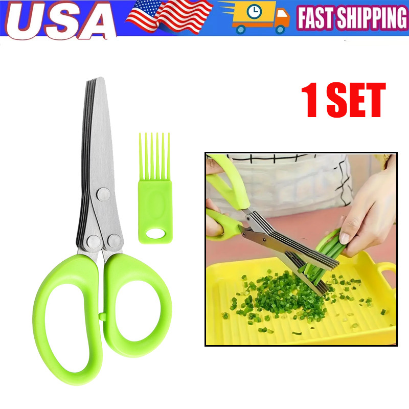 Stainless Steel 5-Blade Herb Scissors Multipurpose Kitchen Shears with Brush