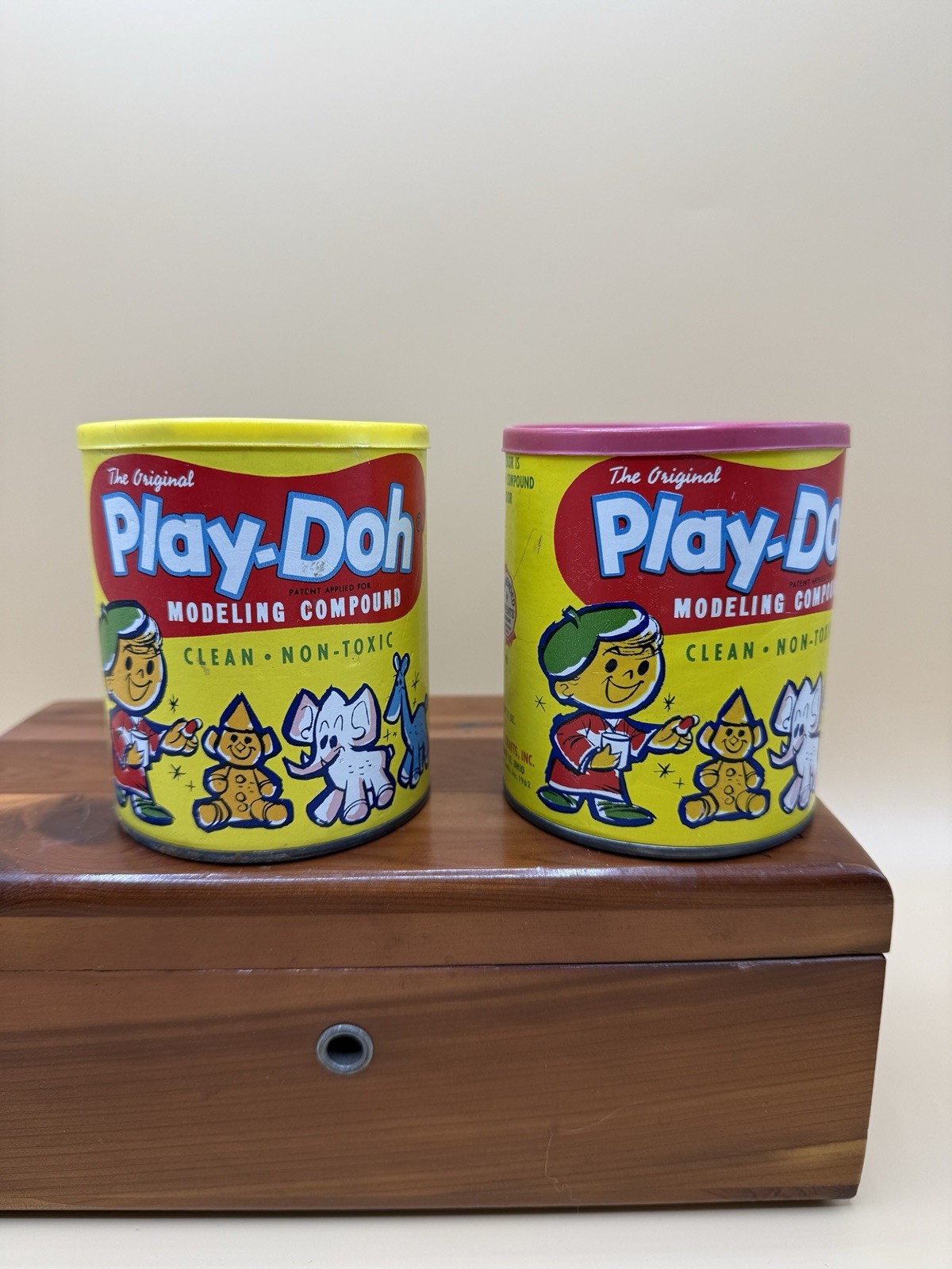Set Of 2 1968 Vintage Red & Yellow Play-Doh Container Can Rainbow Crafts 6oz