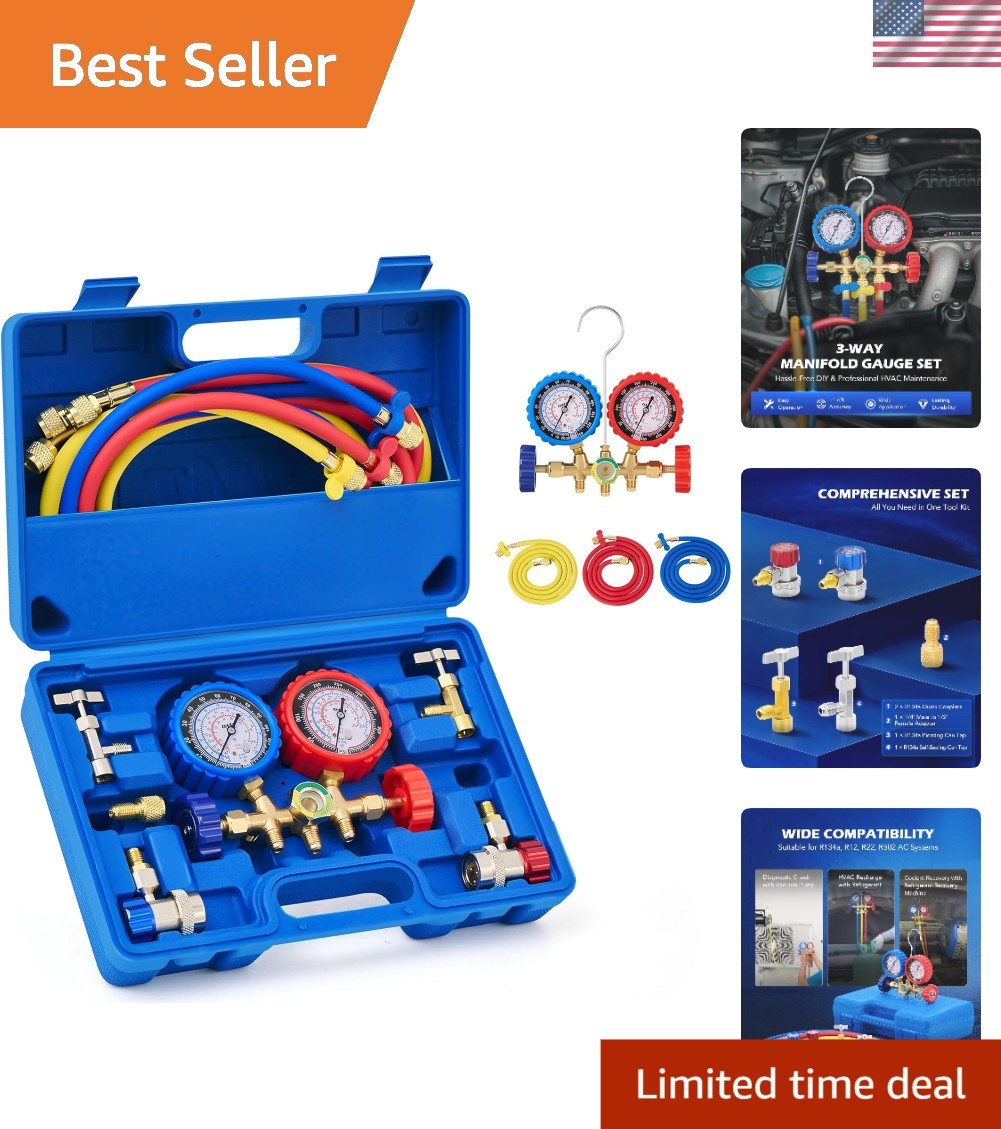 Professional 3-Way AC Gauge Kit for R134a, R12 & R502 with Color-Coded Hoses