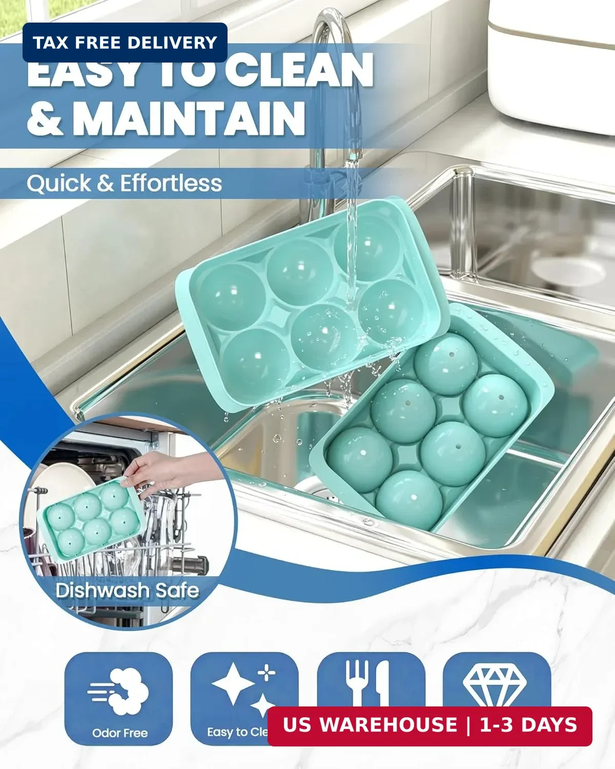 Large Ice Cube Tray for Freezer - 2 Pack Stackable Round Ice Cube Molds Set, Eas