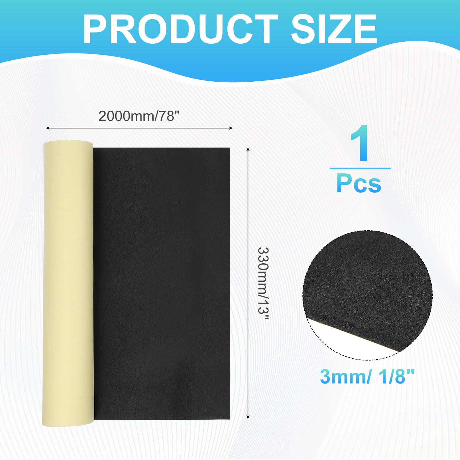 EVA Foam Roll with Adhesive Backing, 3mm 1/8" Thick 78''x13'', Black