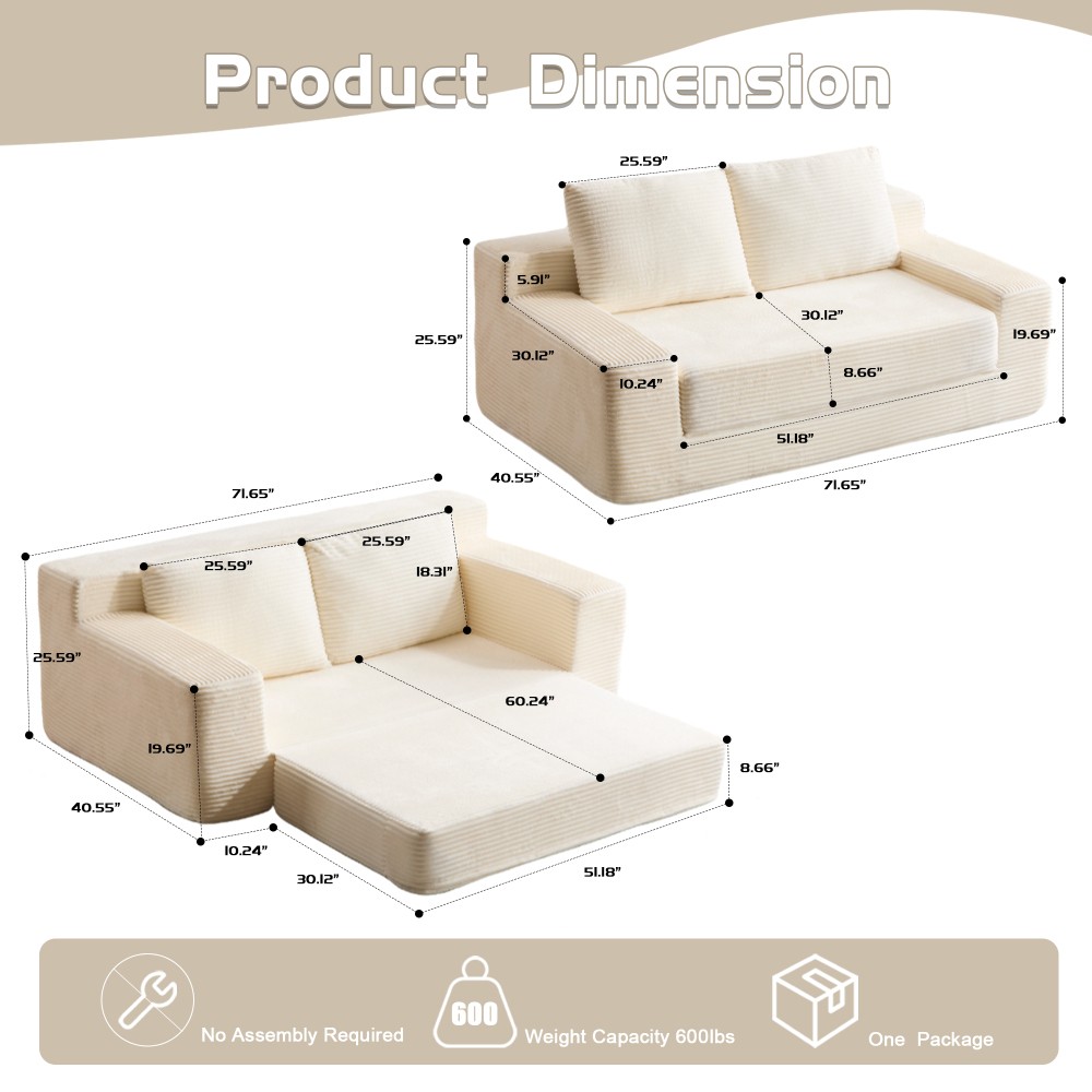 Modern Loveseat Sofa Bed w/Reversible Cushion & Pillows, White Corduroy