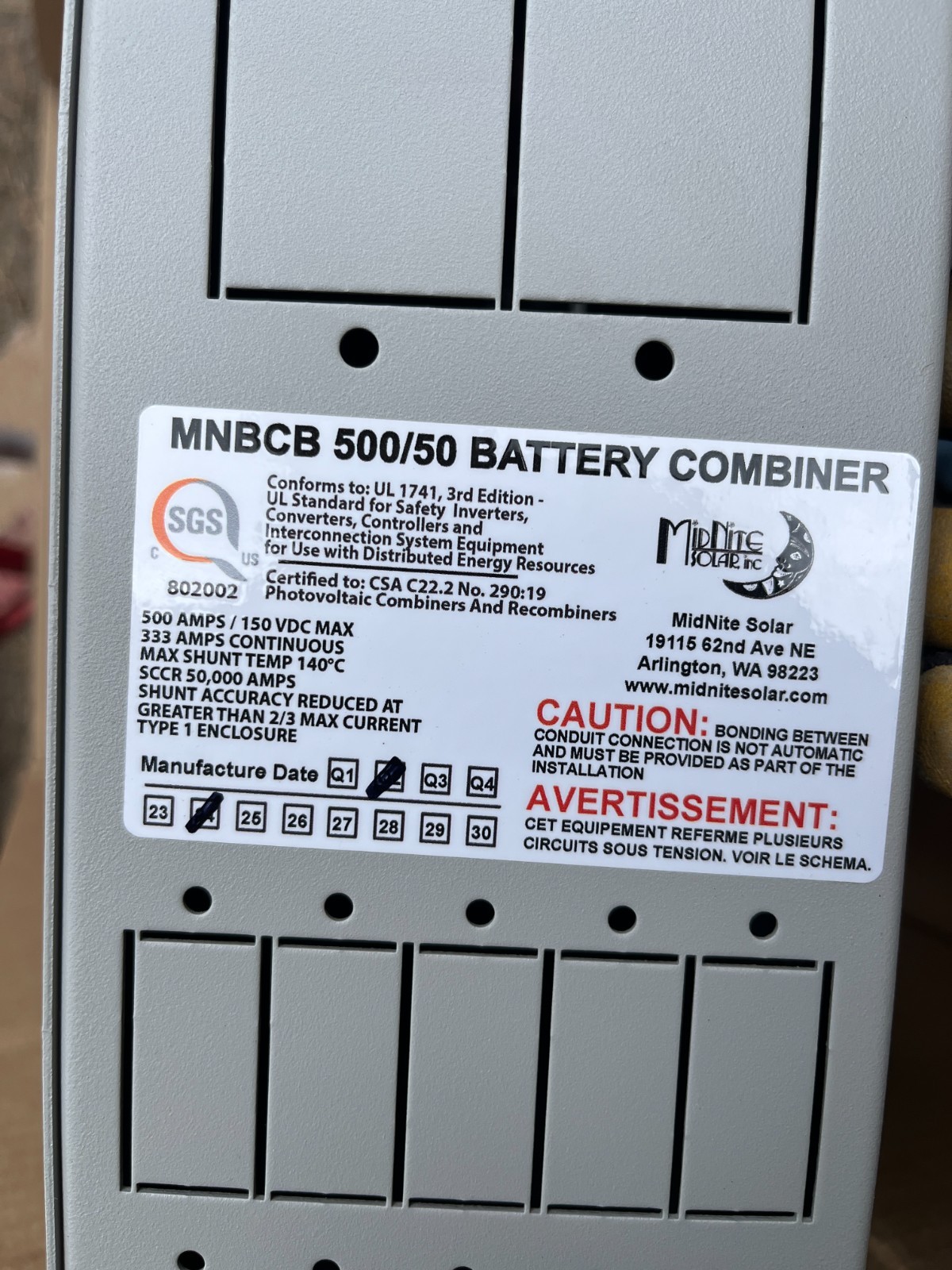 MidNite Solar Battery Combiner Box 500amp, MNBCB 500/50