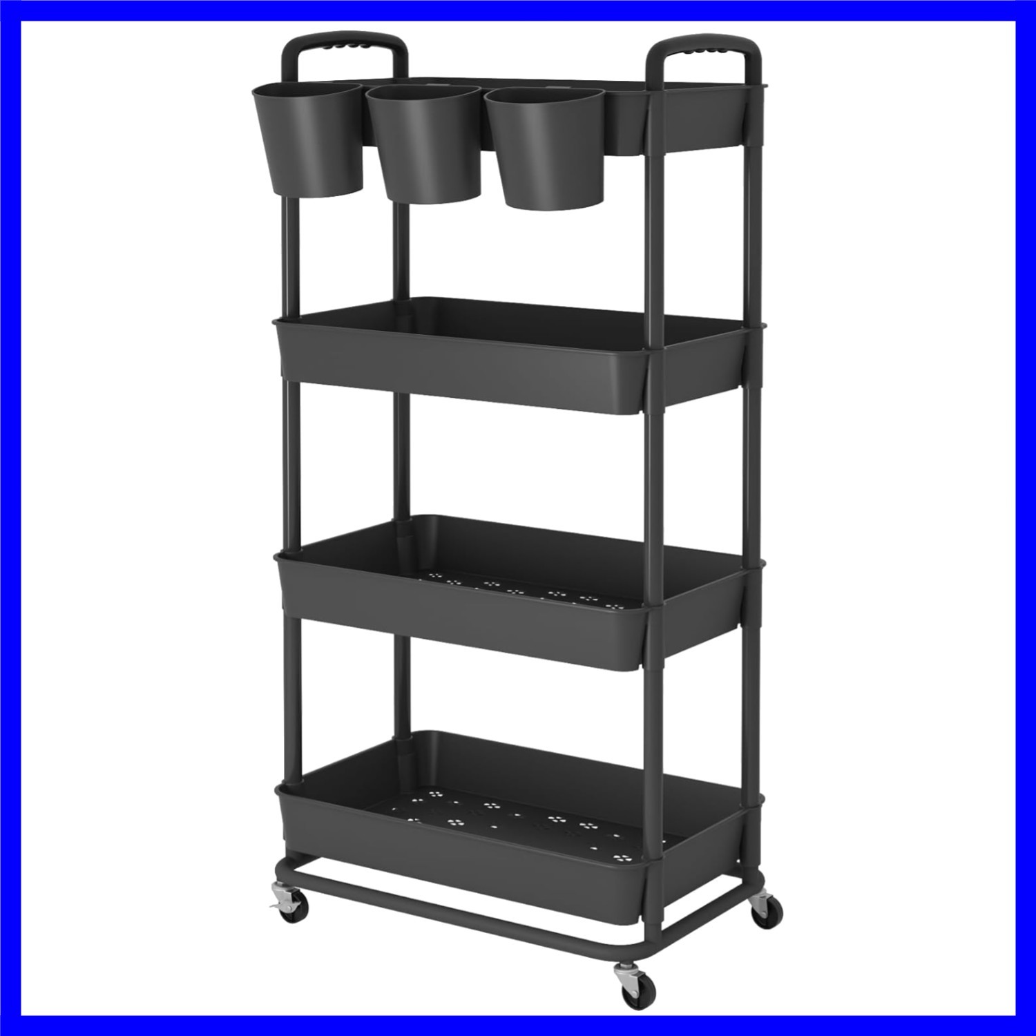 4-Tier Plastic Rolling Storage Cart Utility Cart with Extra Hanging Cups Hand...