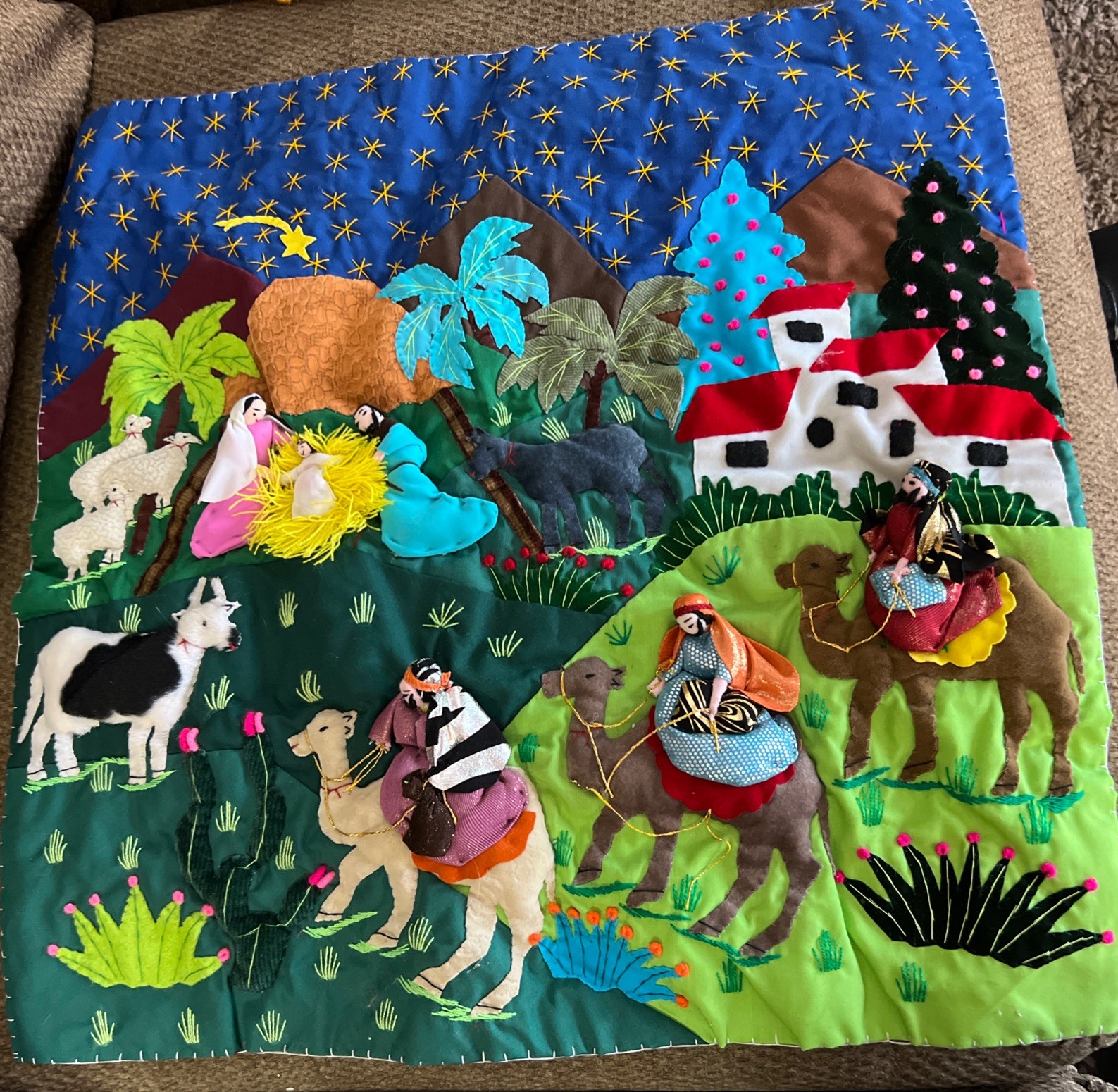 Nativity Christmas Arpillera Patchwork 3D Handmade Wall Art Quilted Hanging 19”