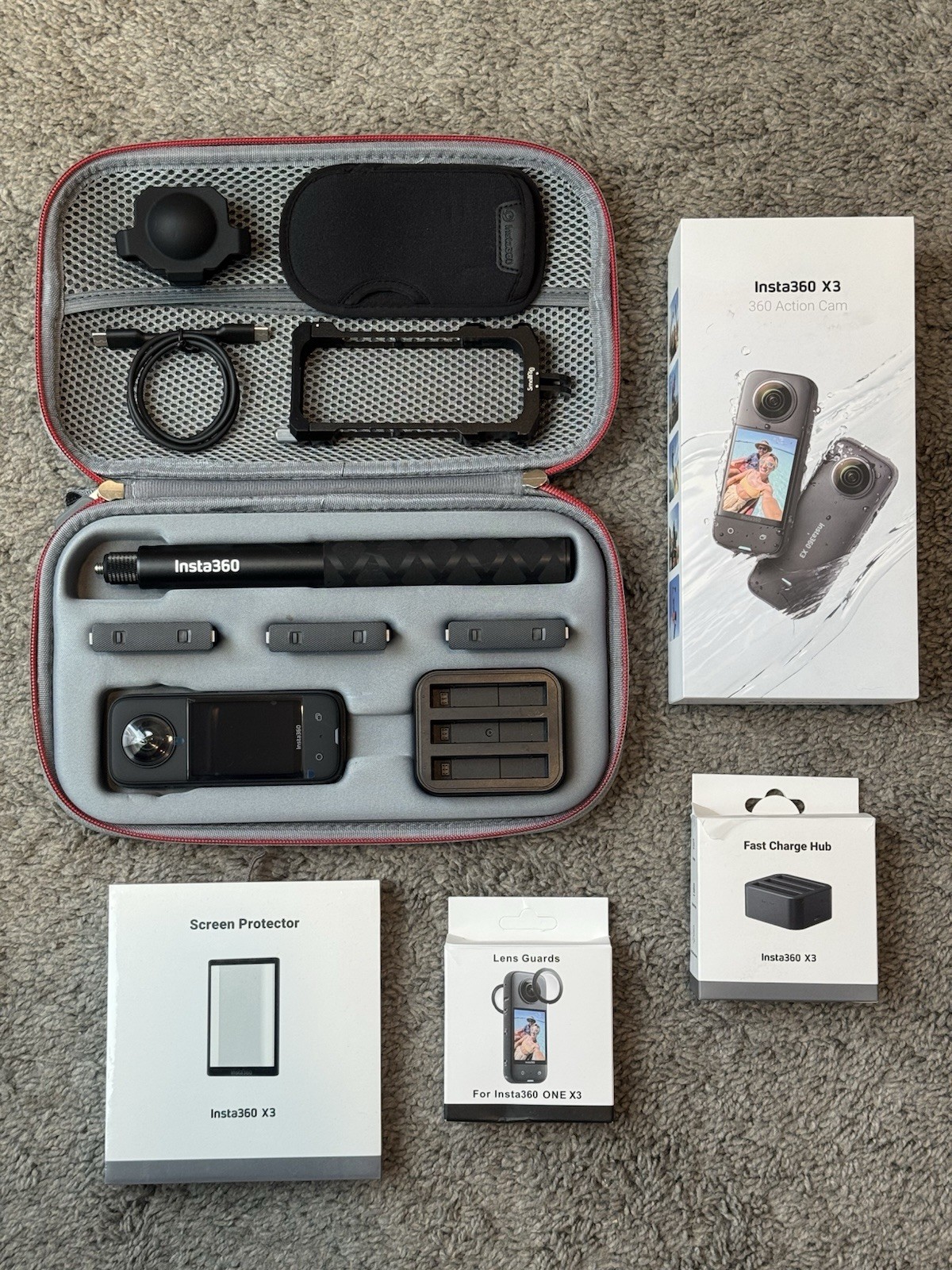 Insta 360 X3 Bundle, 4 Batteries, Fast Charge Hub, Selfie Stick, Protective Case
