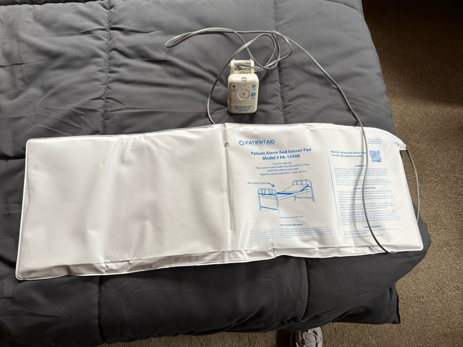 Patient Bed Alarm, 10" X 30" Bed Pad with Motion Sensor Alarm, 2 Ring Chime USED