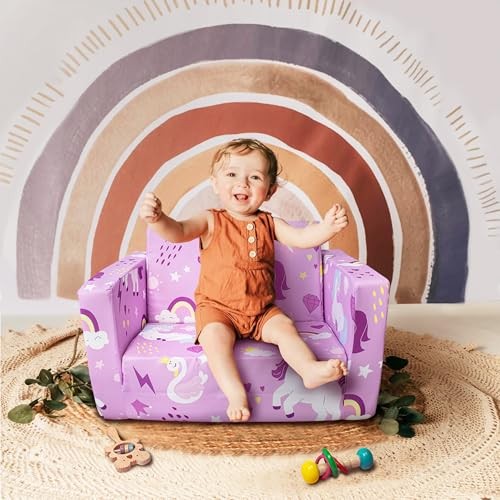 Kids Couch, 2-in-1 Toddler Sofa Fold Out, Soft Toddler Chair for Purple Unicorn