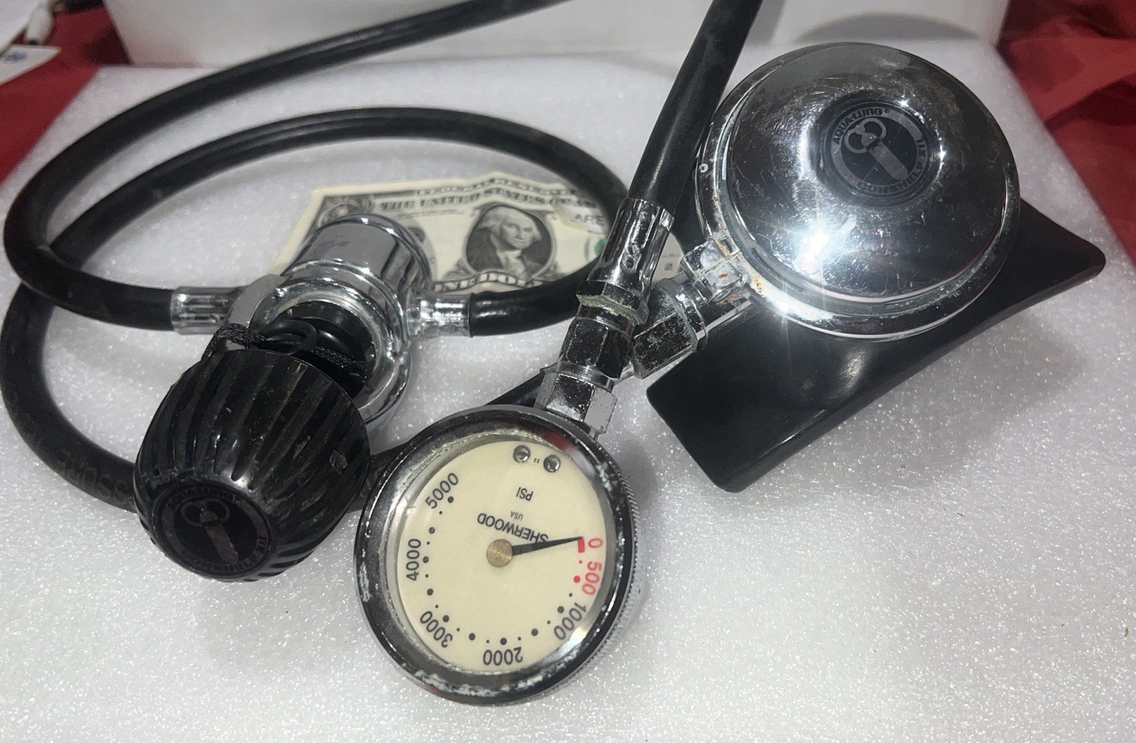 Vintage Auqua Lung Scuba Conshelf Xll Regulator, Sherwood PSI Gauge Diving Set