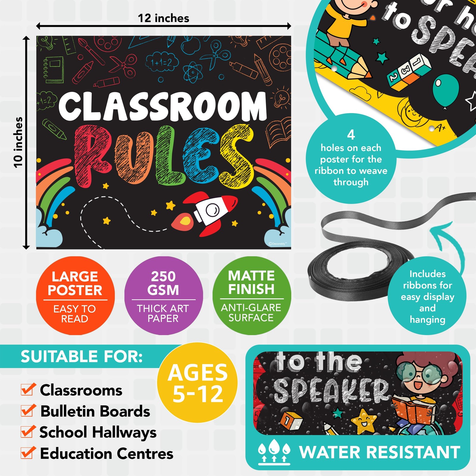 Decorably Hanging Class Rules Posters for Classroom - 12 Rules