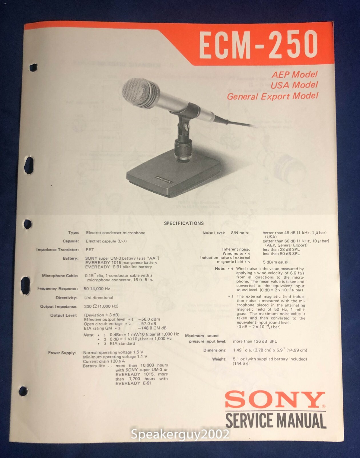 Original Sony ECM-250 / Microphone Service Manual -- BB2