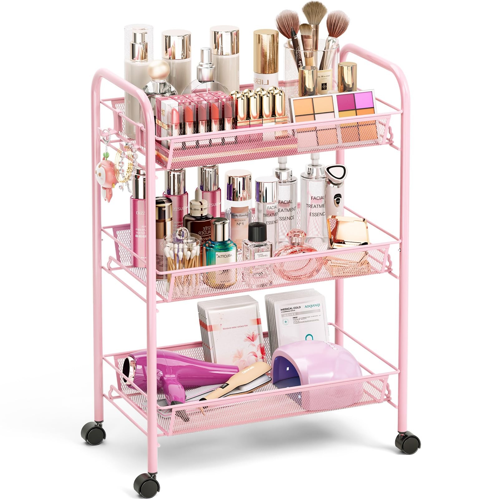 3 Tier Rolling Cart Pink - Metal Storage Organizer with Wheels, 33 lbs Shelf ...