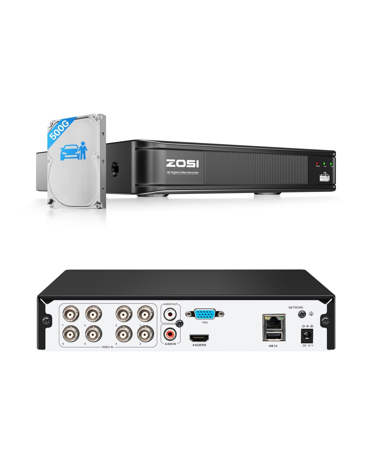 ZOSI 8 Channel 5MP 3K Lite H.265+ CCTV DVR Recorder with 8CH-500GB, Black