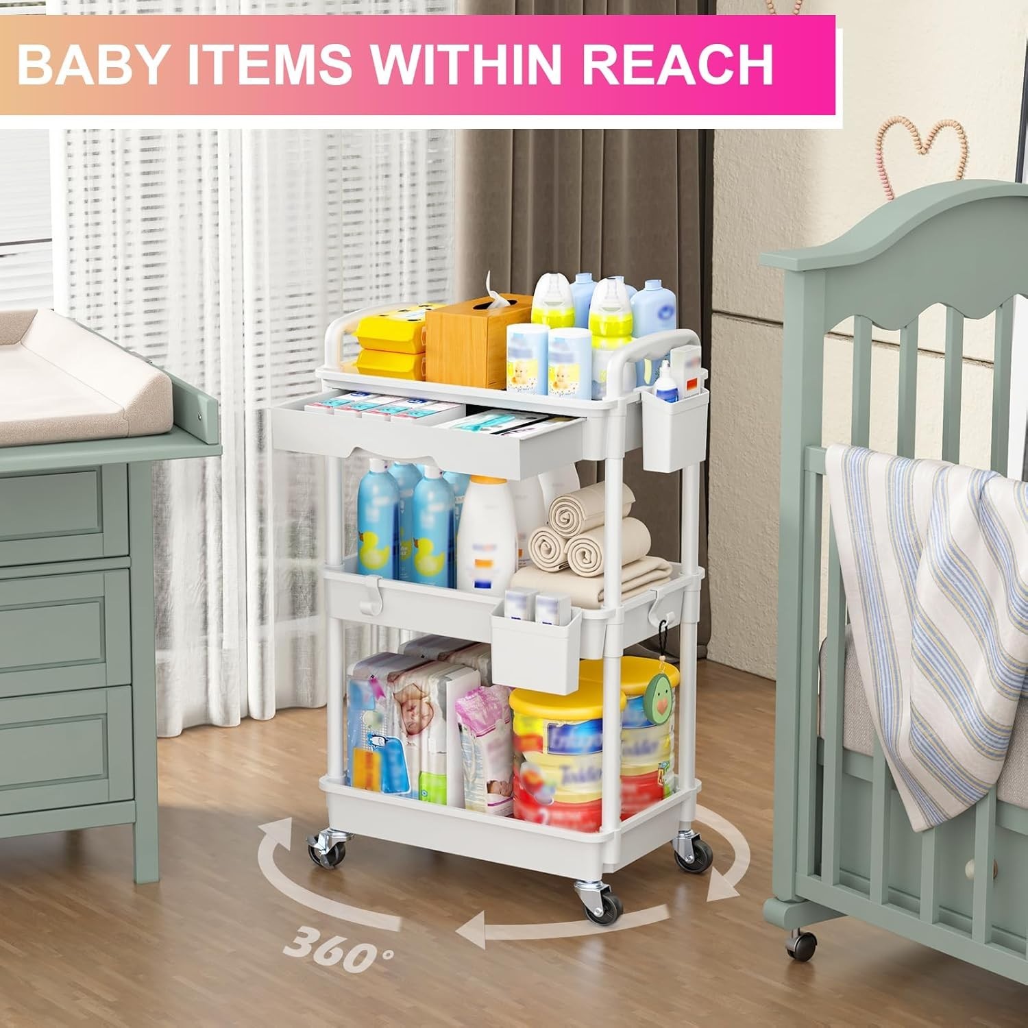 Maximize Storage: 3-Tier Rolling Organizer Cart with Dustproof Drawer & Wheels