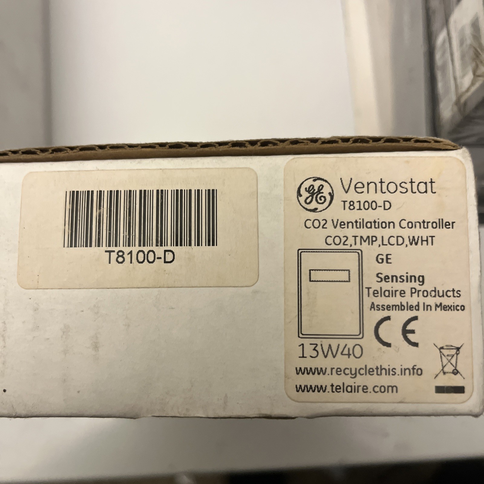 GE Sensing T8100-D Ventostat CO2 Ventilation Controller TMP, LCD, WHT