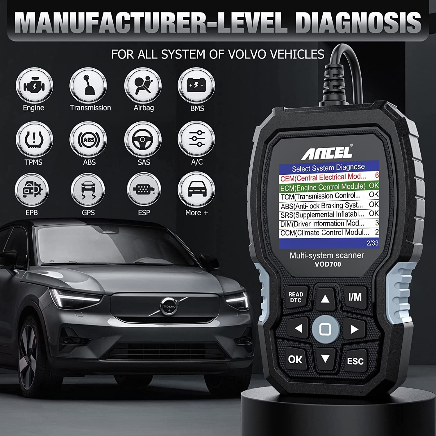 ANCEL VOD700 For Volvo All System OBD2 Scanner Car Diagnostic Tool ABS TPMS
