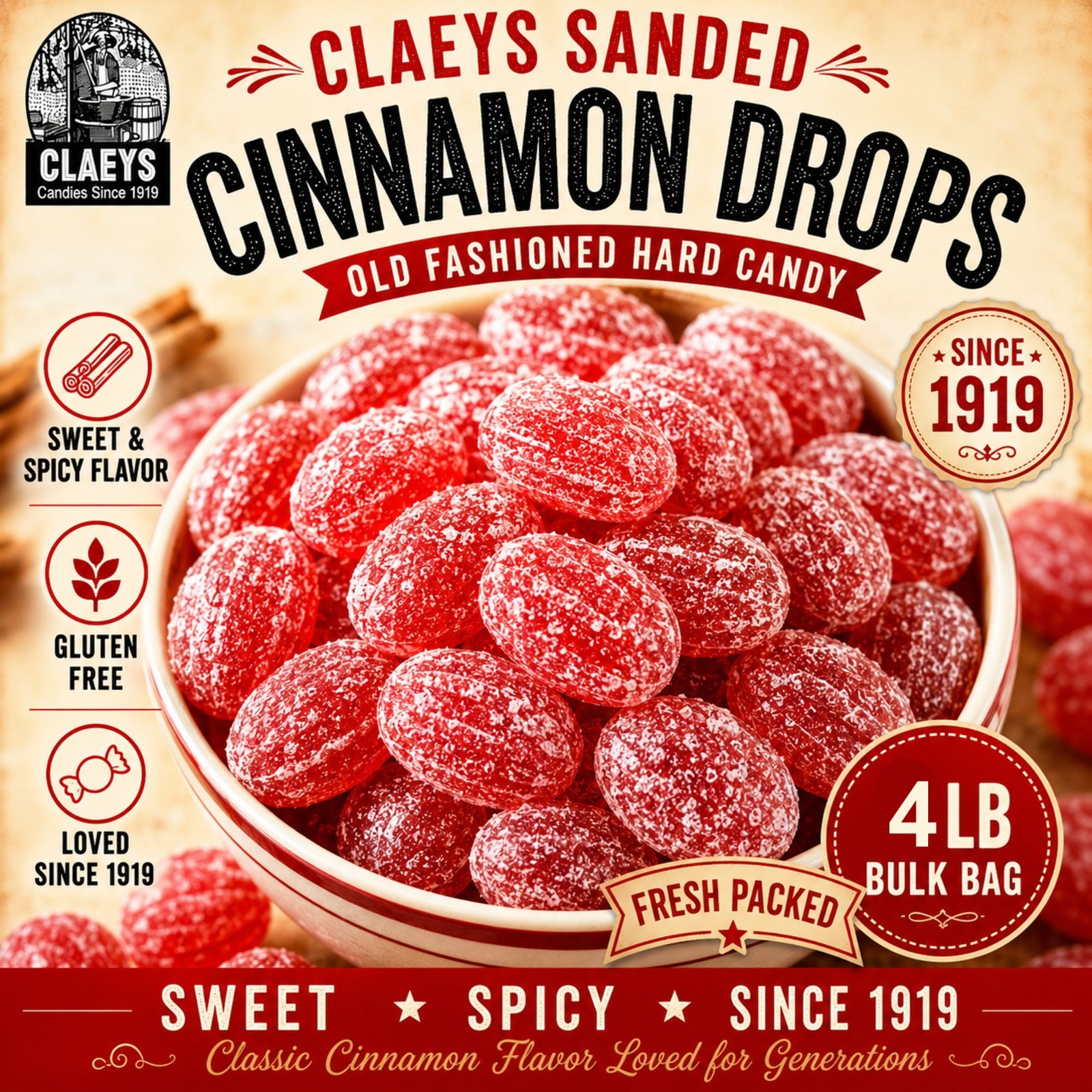 Claeys Sanded Cinnamon Drops 4 lb Bulk Old Fashioned Hard Candy Fresh