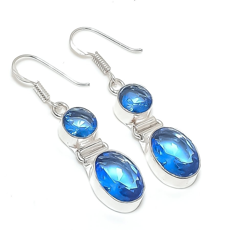 Blue Tanzanite Gemstone Handmade 925 Sterling Silver Jewelry Earring Size 2"