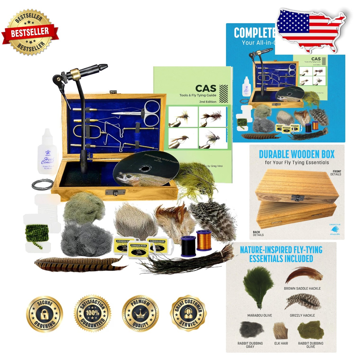 Beginner Fly Tying Set: Rotary Vise, Ambi, Wood Case, Materials, DVD, Bass Trout
