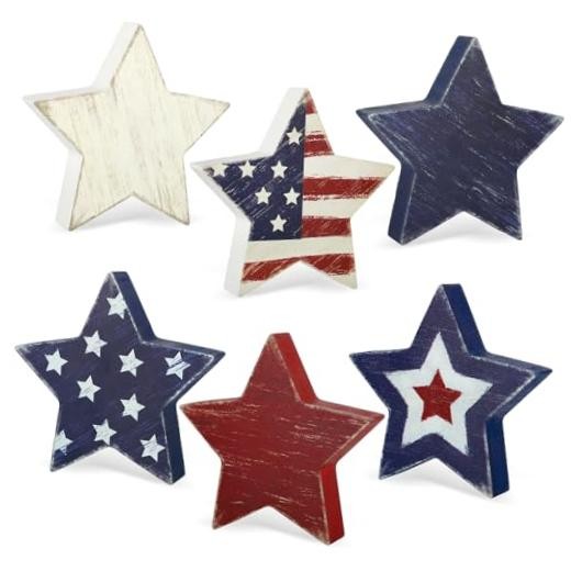 4th of July Decorations Wooden Star Set of 6, Red White and Blue Retro Star