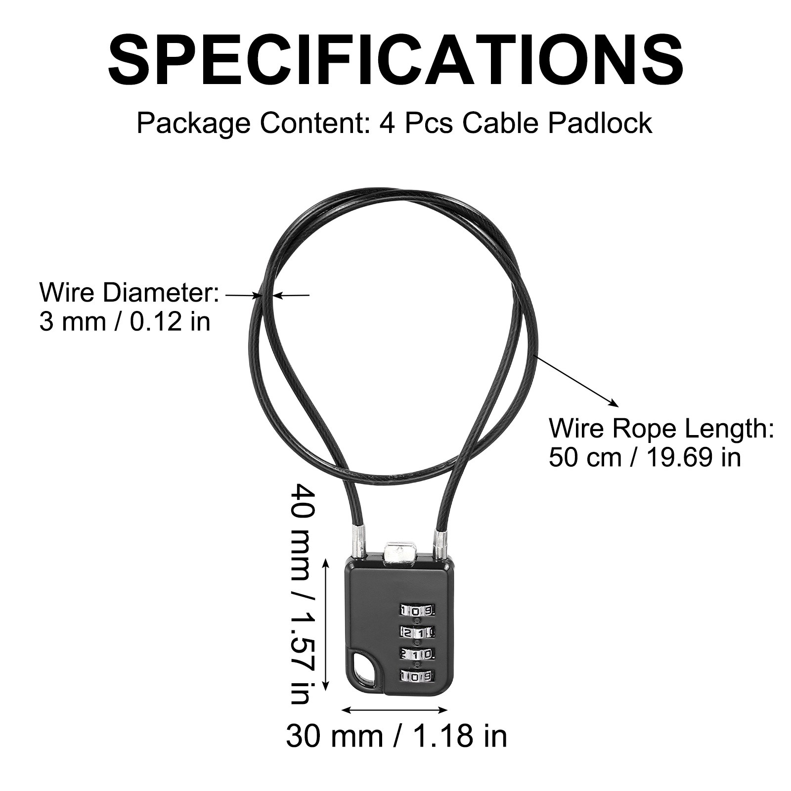 4Pcs Combination Cable Padlock with 19.7" (50cm) Flexible Cable, Black