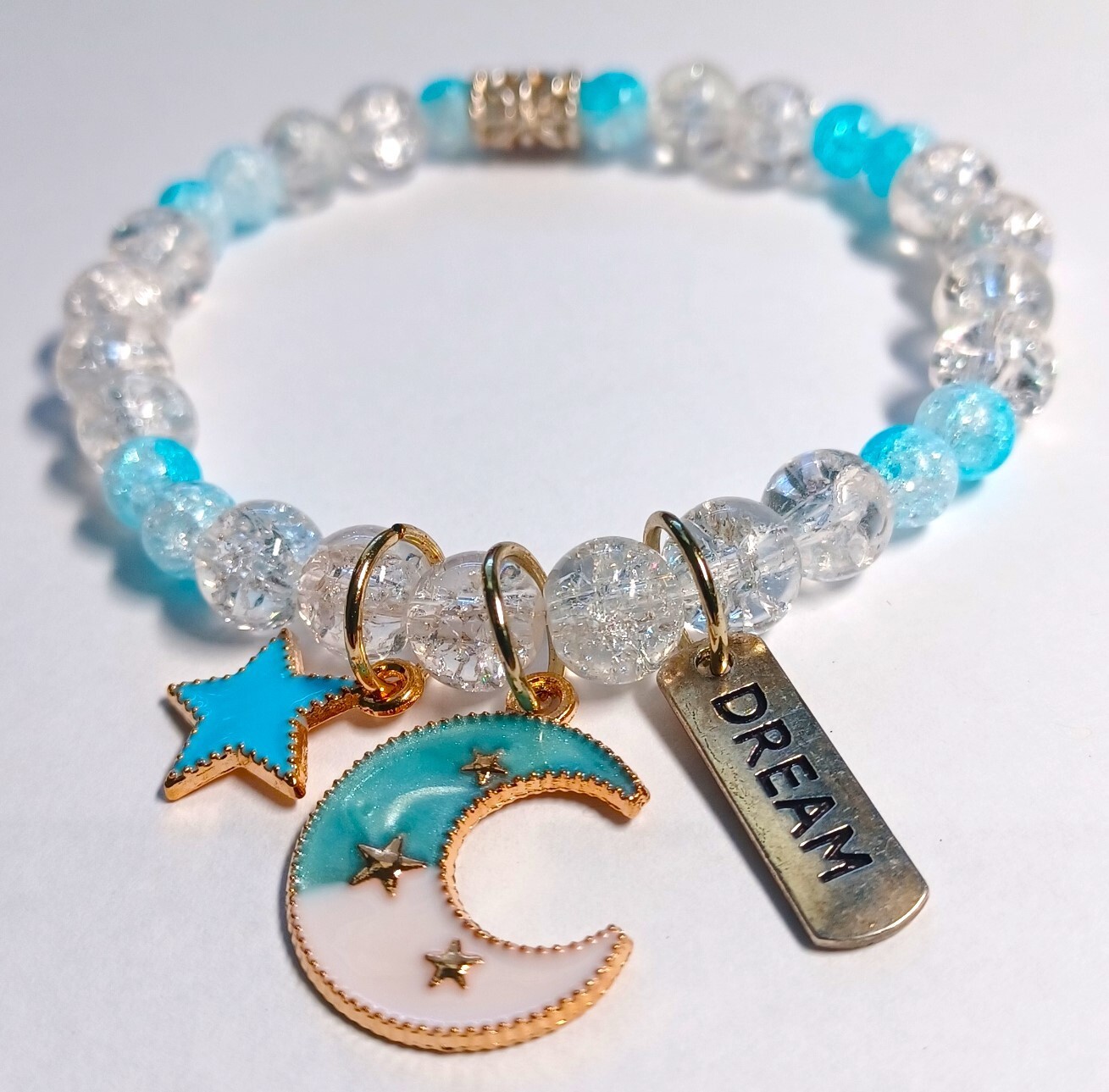 Chic Crackle Beaded Bracelet with Cresent Moon Charm